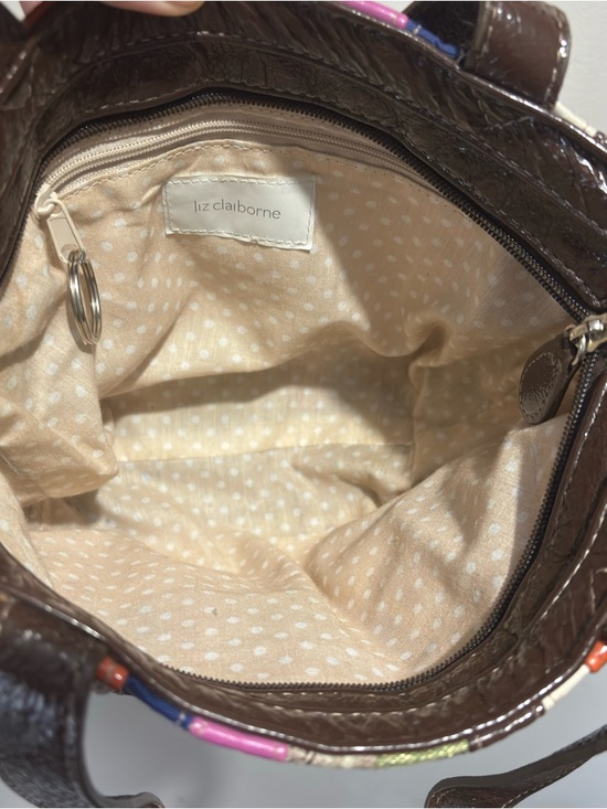 Y2K Vintage Colorful Striped Tote Bag Purse Brown Faux Patent Leather Trim Small - Picture 10 of 10